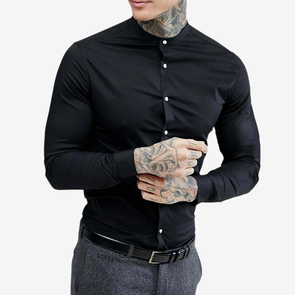 Men's Grandad Long Sleeve Shirts Smart Casual Slim Fit Shirt Mandarin PS 30