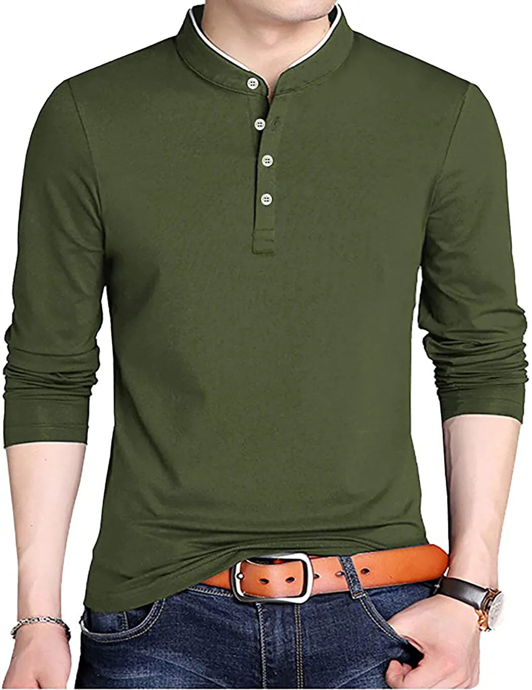 Men's Grandad Shirts Polo Shirt Long Sleeve Mandarin Collar Slim Fit Pique PL14