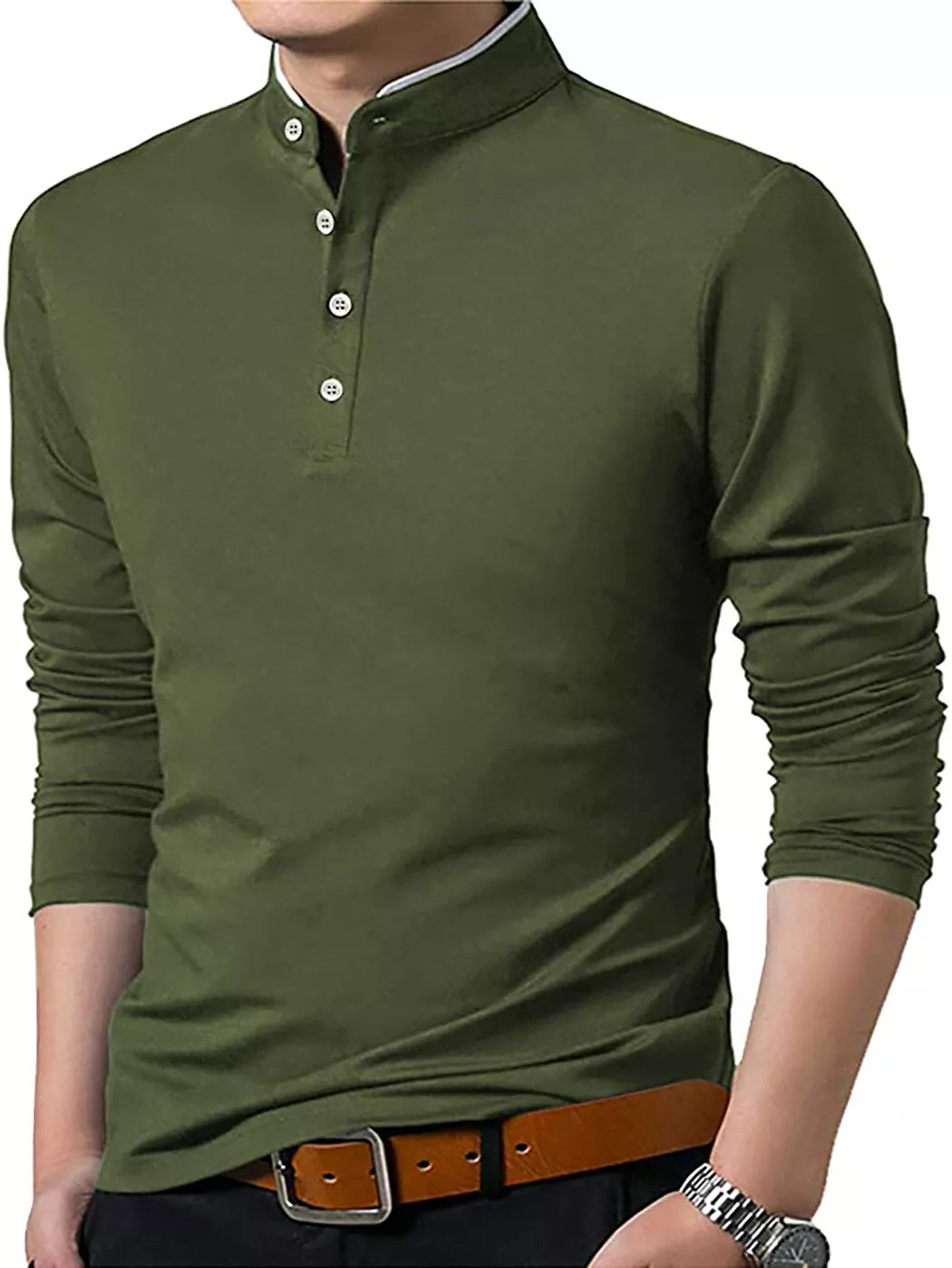 Men's Grandad Shirts Polo Shirt Long Sleeve Mandarin Collar Slim Fit Pique PL14
