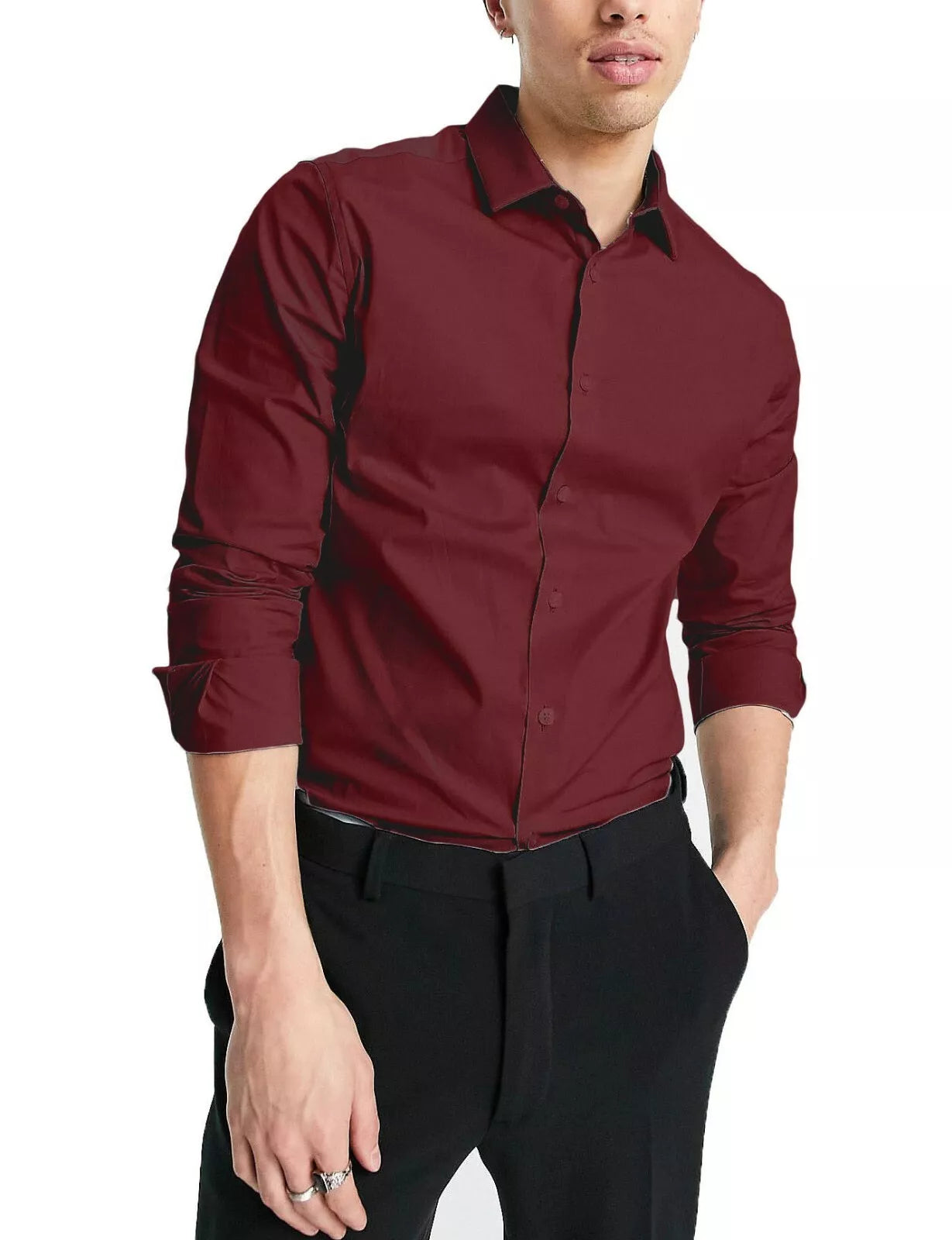 Mens Plain Modern Slim Fit Smart Shirts Long Sleeve Casual Formal Shirt RH09