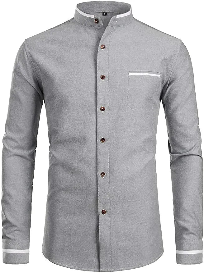 Mens Grandad Shirt Mandarin Casual Shirts Slim Fit Shirt Top Long Sleeve PS 14