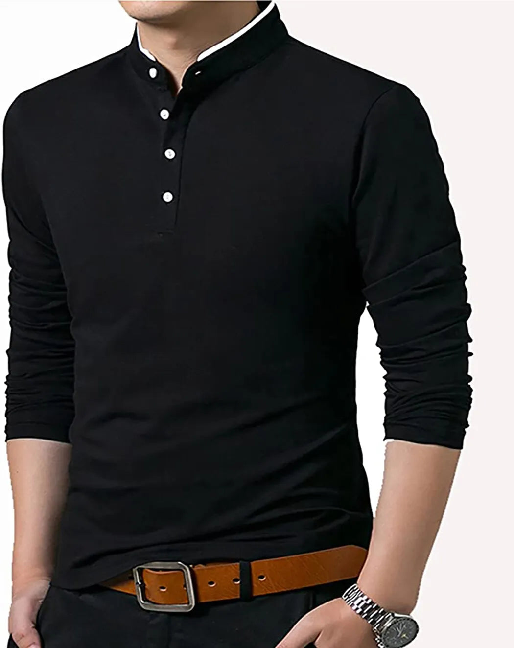 Men's Grandad Shirts Polo Shirt Long Sleeve Mandarin Collar Slim Fit Pique PL14
