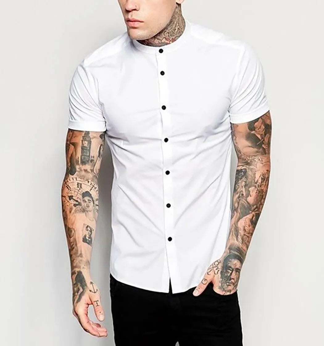Mens Grandad Short Sleeve Shirts Smart Casual Slim Fit Shirt Mandarin PS 26