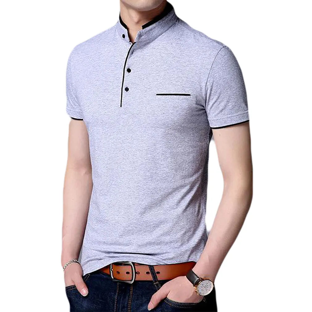 Men's Grandad Shirts Polo Shirt Short Sleeve Mandarin Collar Slim Fit Pique PL08
