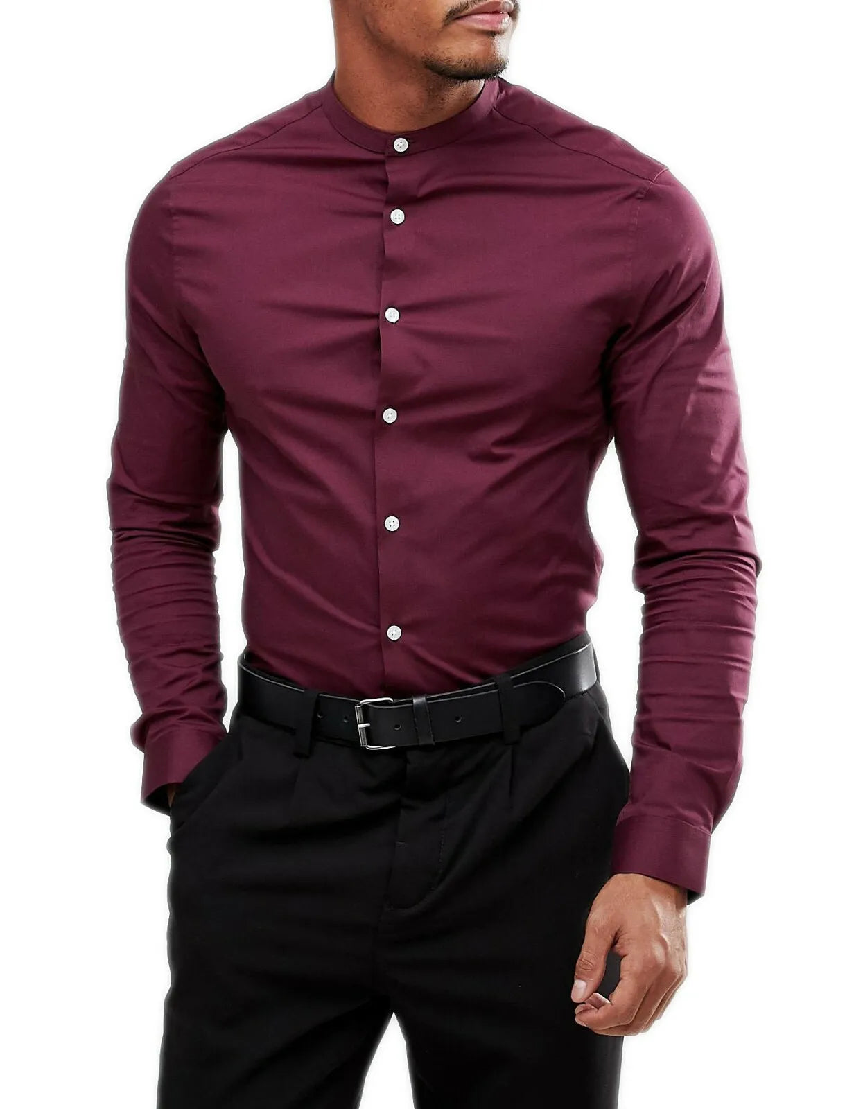 Men's Grandad Long Sleeve Shirts Smart Casual Slim Fit Shirt Mandarin PS 30