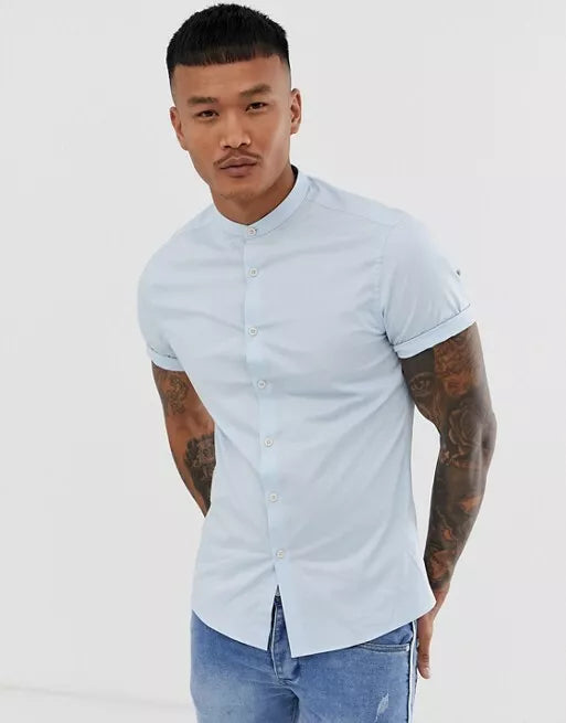 Mens Grandad Short Sleeve Shirts Smart Casual Slim Fit Shirt Mandarin PS 26