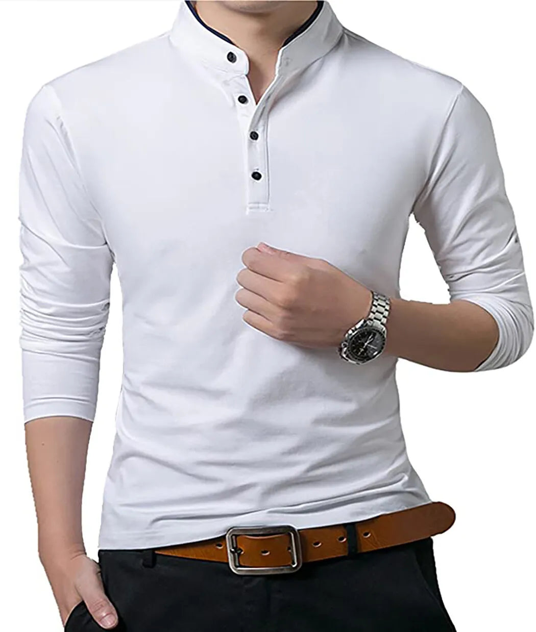 Men's Grandad Shirts Polo Shirt Long Sleeve Mandarin Collar Slim Fit Pique PL14