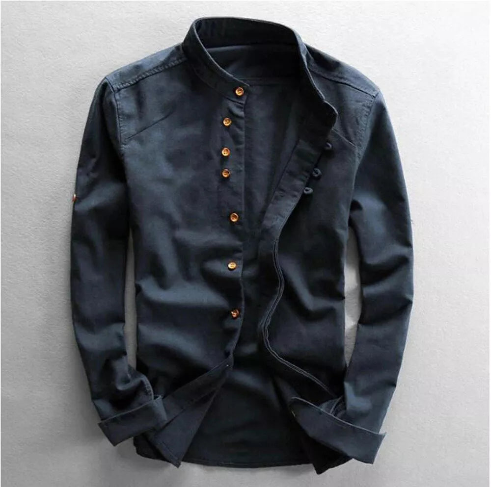 Mens Grandad Slim Fit Casual Shirts Mandarin Smart Shirt Long Sleeve Top RH07