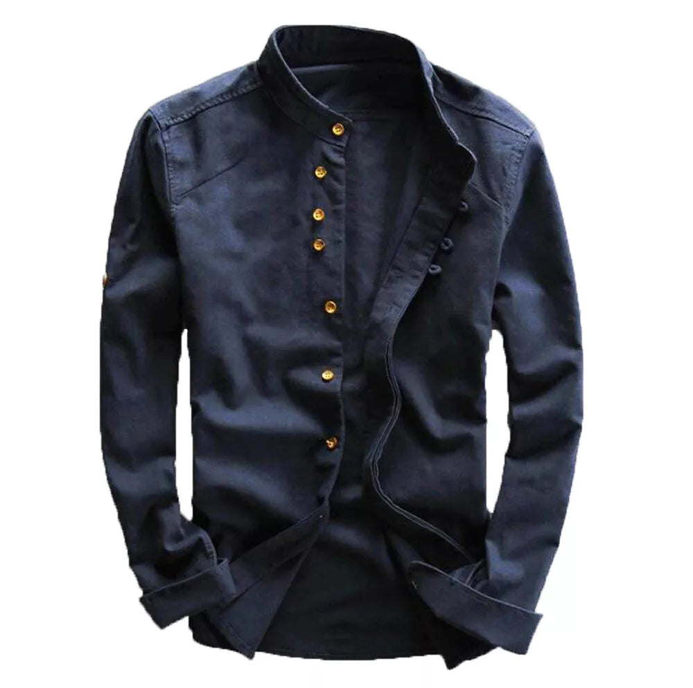 Mens Grandad Slim Fit Casual Shirts Mandarin Smart Shirt Long Sleeve Top RH07