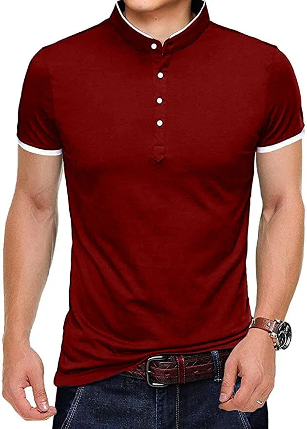Mens Grandad Collar Shirt Mandarin Slim Fit Polo T-Shirt Top Short Sleeve PL19