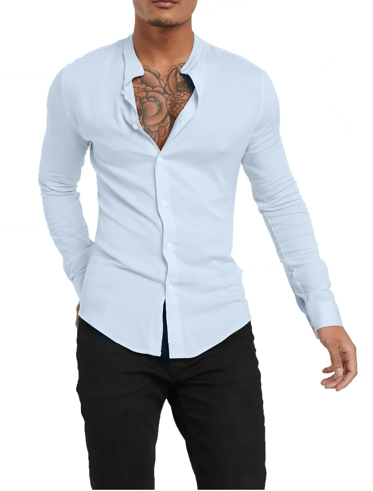 Men's Grandad Long Sleeve Shirts Smart Casual Slim Fit Shirt Mandarin PS 30