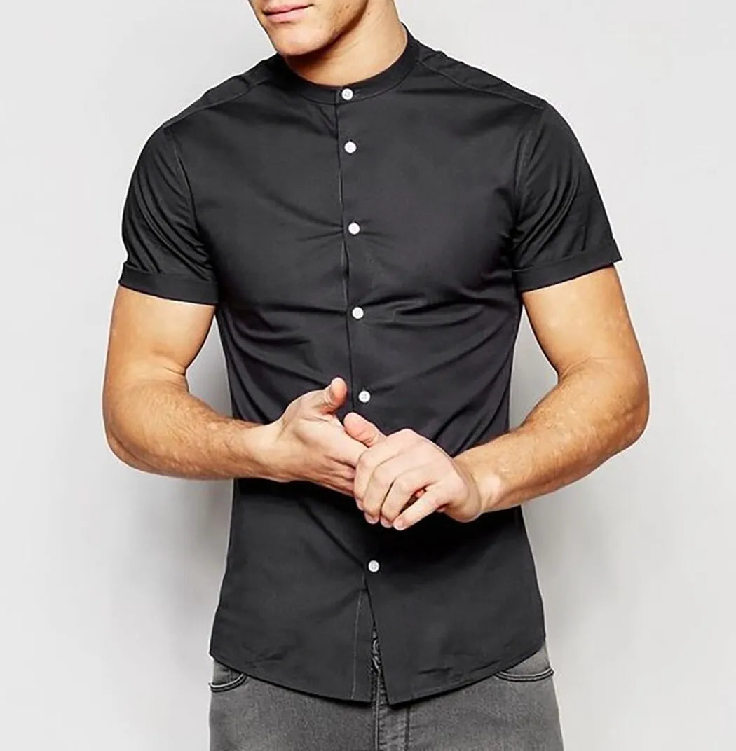 Mens Grandad Short Sleeve Shirts Smart Casual Slim Fit Shirt Mandarin PS 26