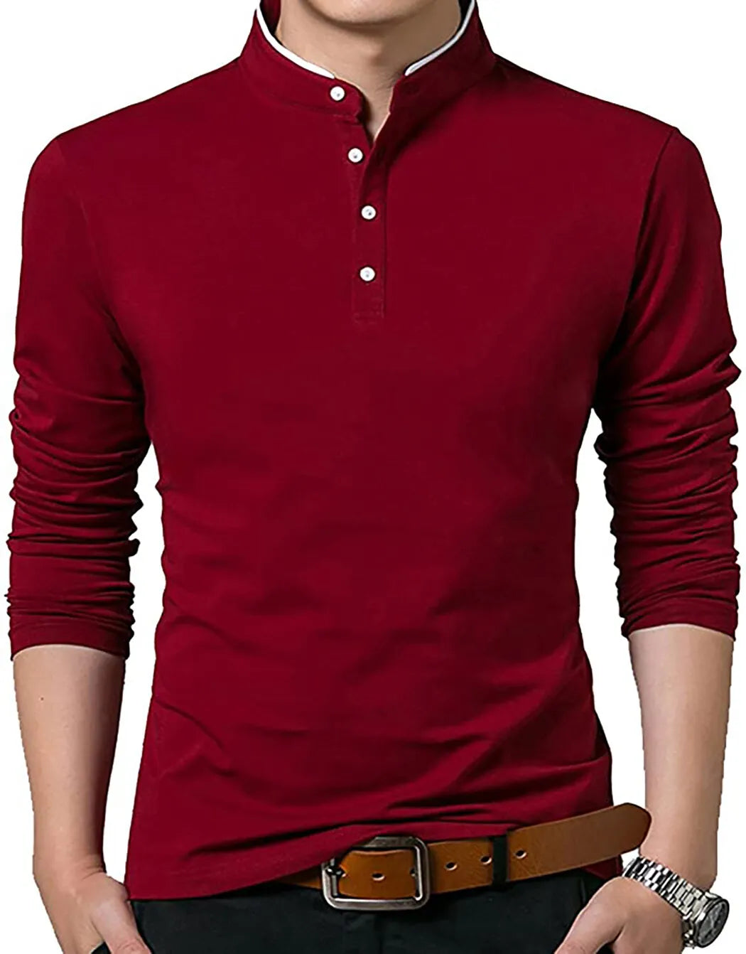 Men's Grandad Shirts Polo Shirt Long Sleeve Mandarin Collar Slim Fit Pique PL14