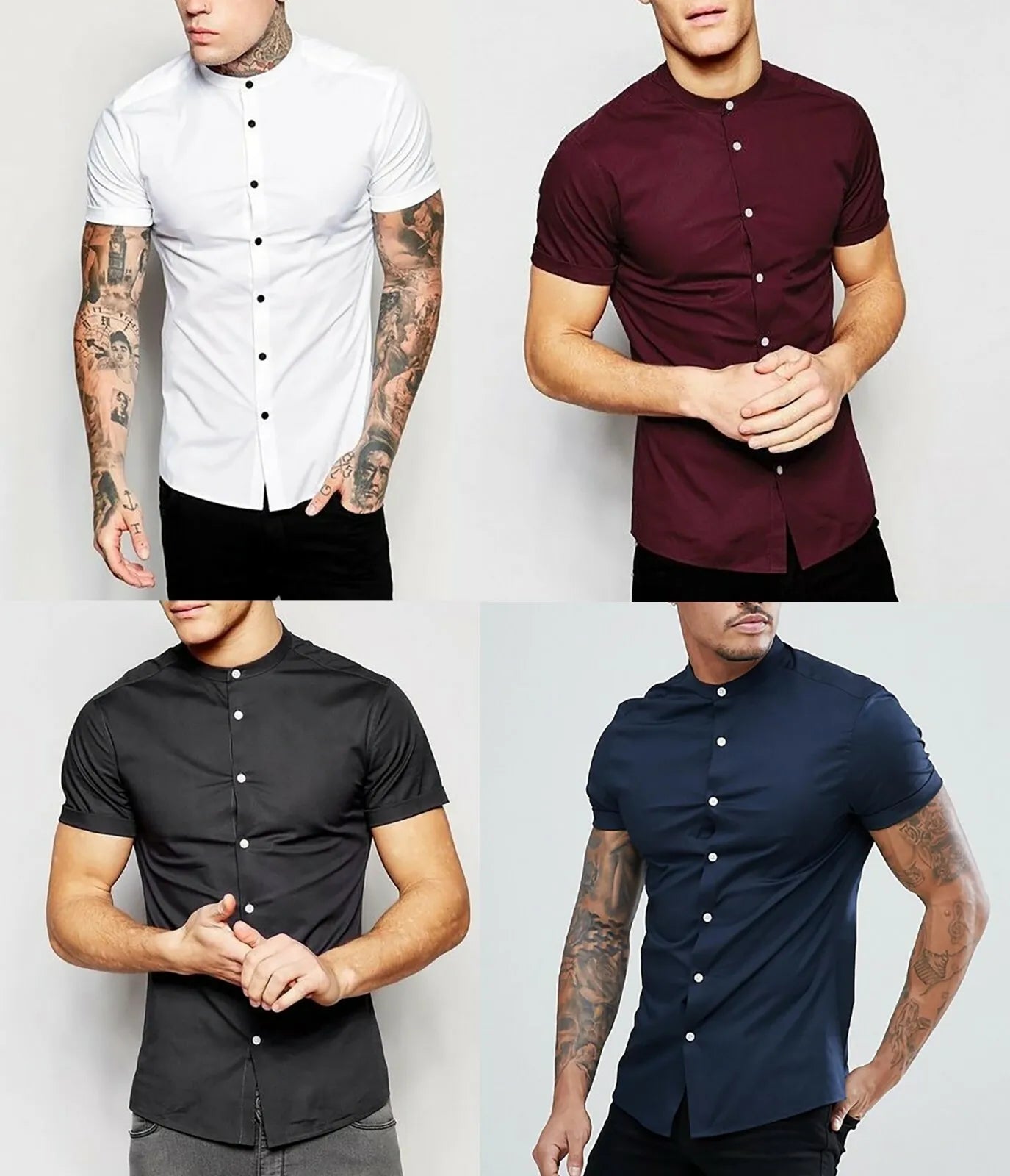 Mens Grandad Short Sleeve Shirts Smart Casual Slim Fit Shirt Mandarin PS 26