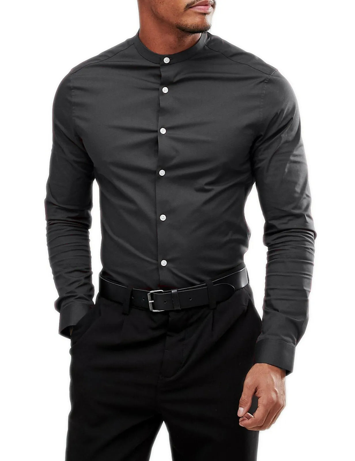 Men's Grandad Long Sleeve Shirts Smart Casual Slim Fit Shirt Mandarin PS 30