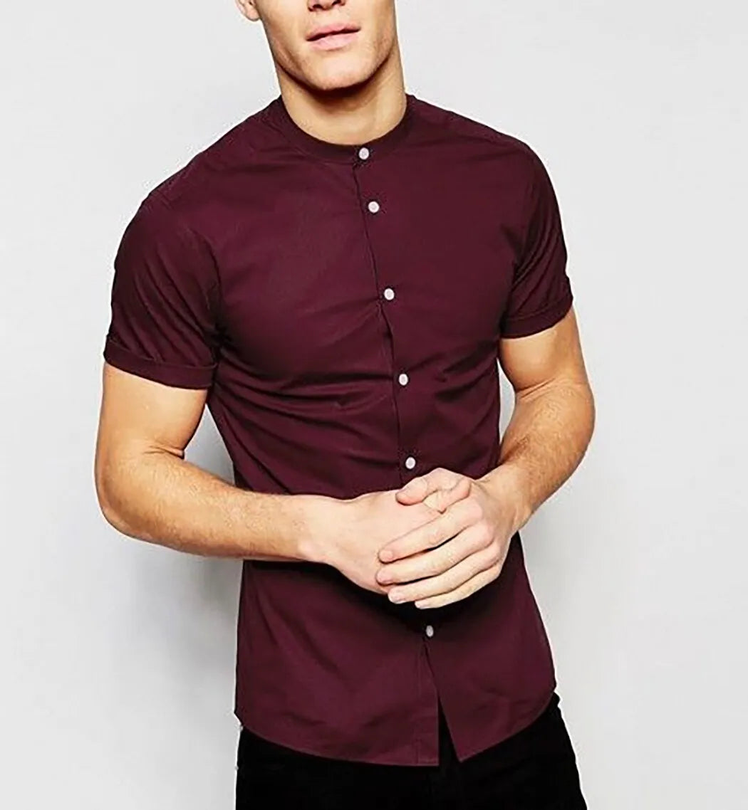 Mens Grandad Short Sleeve Shirts Smart Casual Slim Fit Shirt Mandarin PS 26