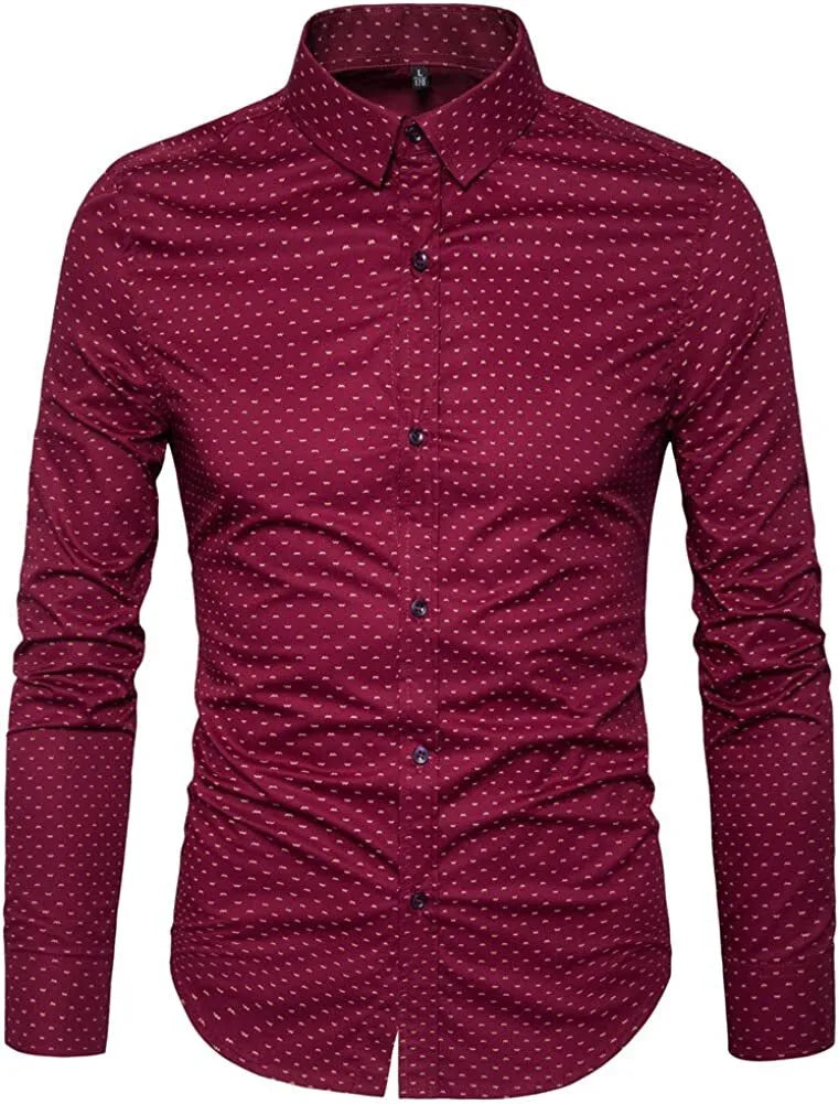 Mens Casual Shirts Smart Printed Polka Shirt Long Sleeve Fashion Top RH14