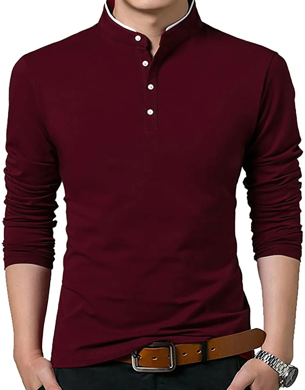 Men's Grandad Shirts Polo Shirt Long Sleeve Mandarin Collar Slim Fit Pique PL14