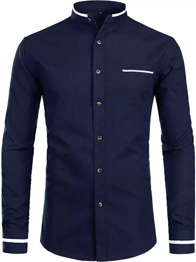Mens Grandad Shirt Mandarin Casual Shirts Slim Fit Shirt Top Long Sleeve PS 14