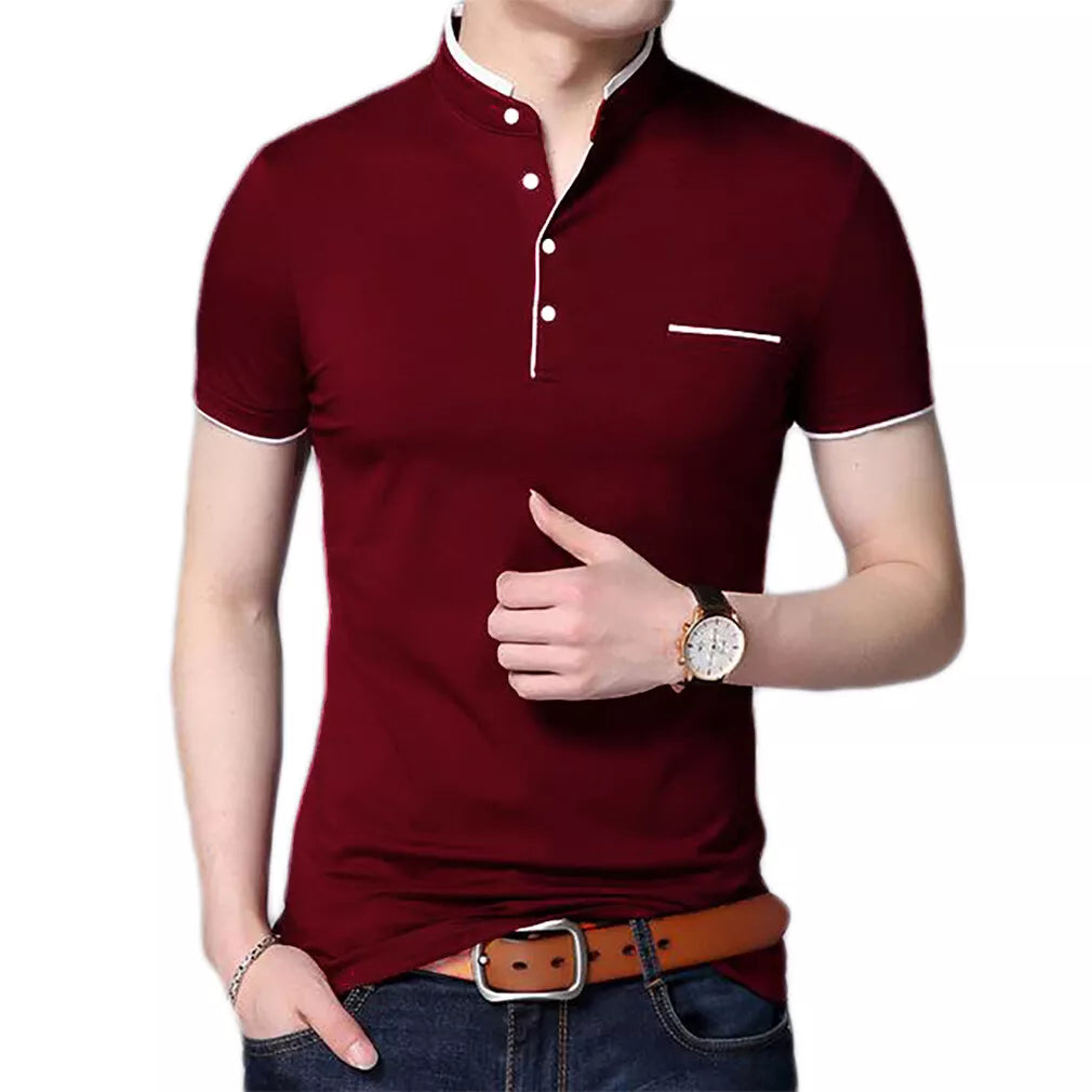 Men's Grandad Shirts Polo Shirt Short Sleeve Mandarin Collar Slim Fit Pique PL08