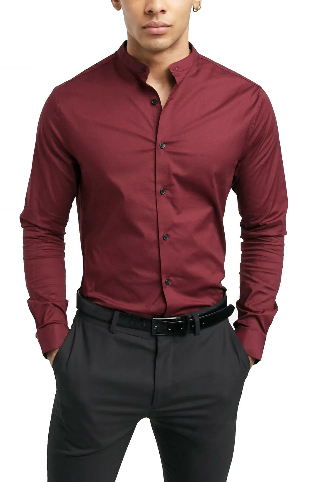 Men's Grandad Long Sleeve Shirts Smart Casual Slim Fit Shirt Mandarin PS 30