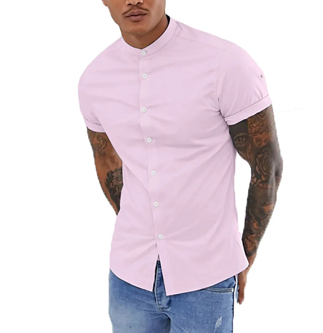 Mens Grandad Short Sleeve Shirts Smart Casual Slim Fit Shirt Mandarin PS 26