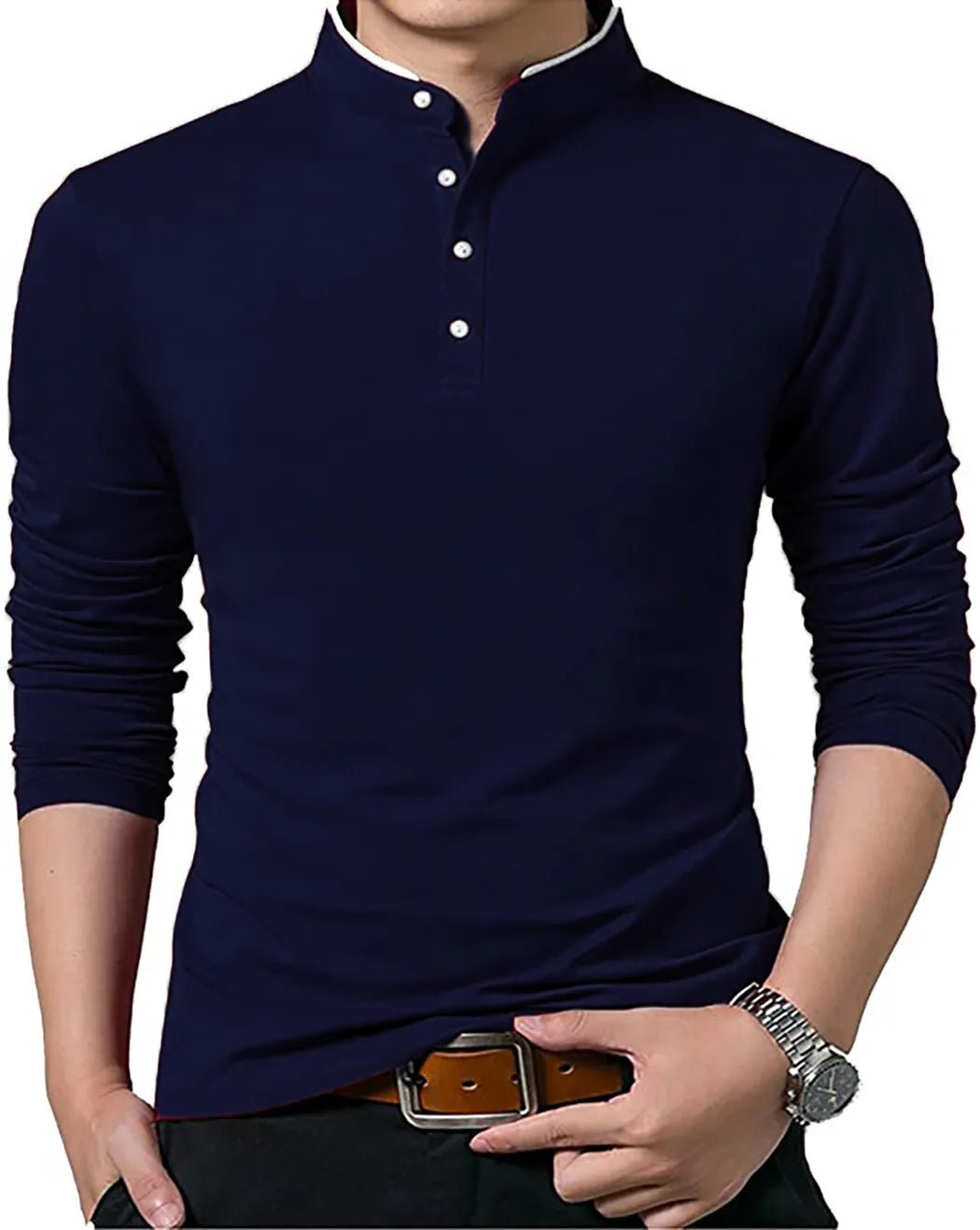 Men's Grandad Shirts Polo Shirt Long Sleeve Mandarin Collar Slim Fit Pique PL14