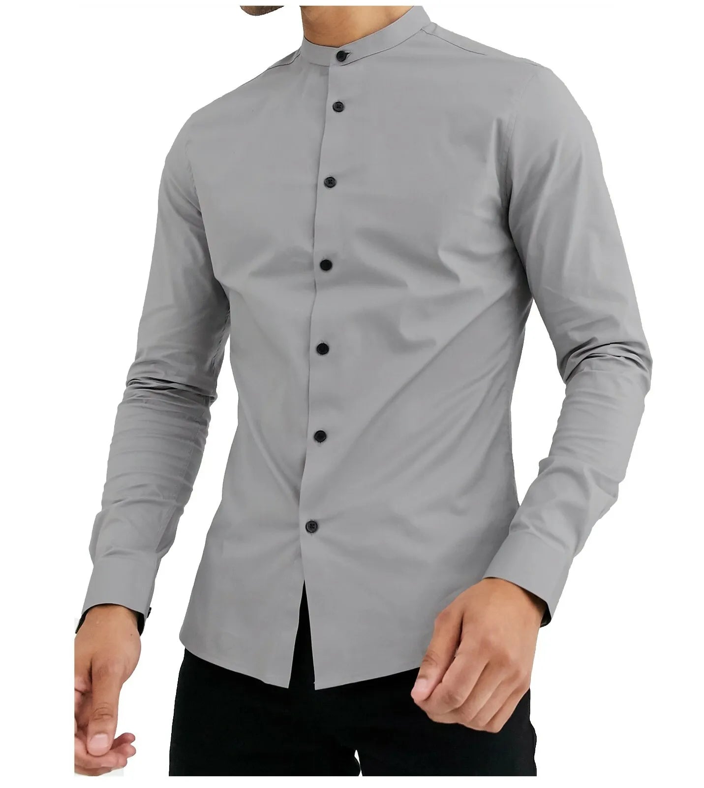 Men's Grandad Long Sleeve Shirts Smart Casual Slim Fit Shirt Mandarin PS 30
