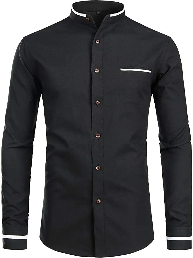 Mens Grandad Shirt Mandarin Casual Shirts Slim Fit Shirt Top Long Sleeve PS 14