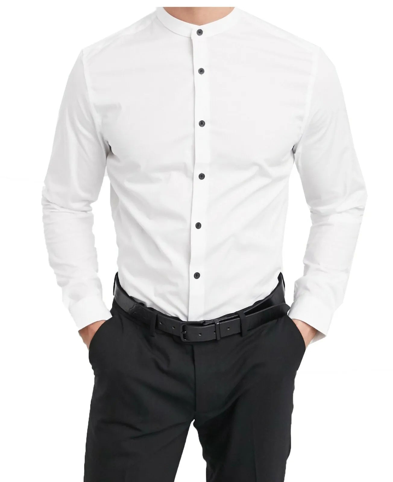 Men's Grandad Long Sleeve Shirts Smart Casual Slim Fit Shirt Mandarin PS 30