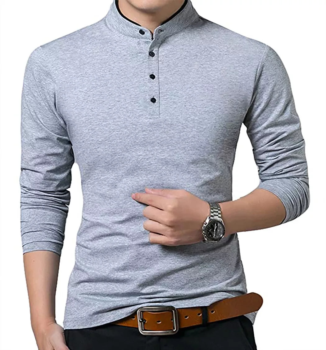 Men's Grandad Shirts Polo Shirt Long Sleeve Mandarin Collar Slim Fit Pique PL14