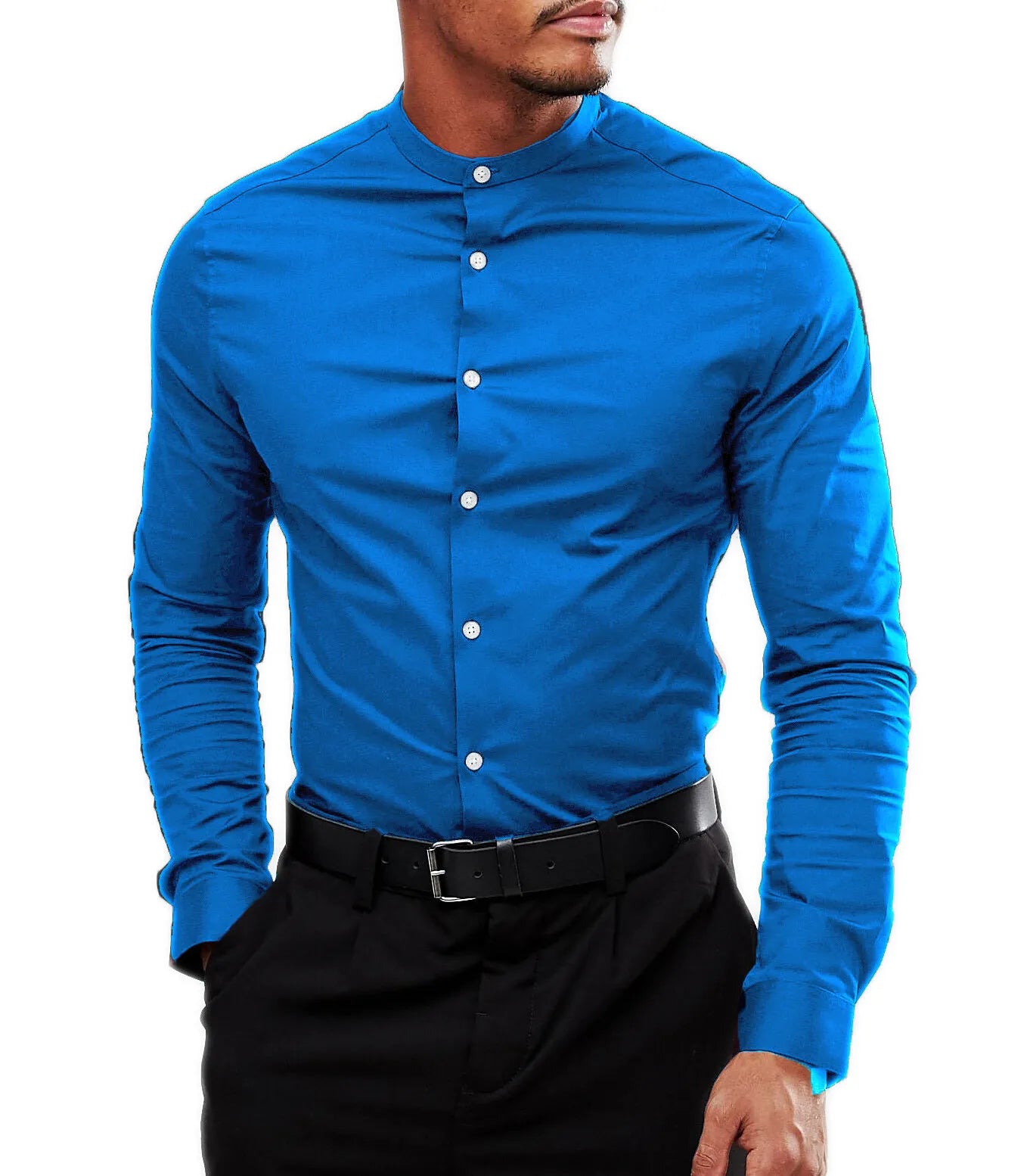 Men's Grandad Long Sleeve Shirts Smart Casual Slim Fit Shirt Mandarin PS 30