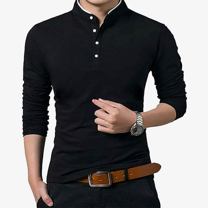 Men's Grandad Shirts Polo Shirt Long Sleeve Mandarin Collar Slim Fit Pique PL14