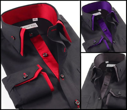 Mens Casual Double Collar Slim Fit Formal Shirt Italian Design Long Sleeve DC07