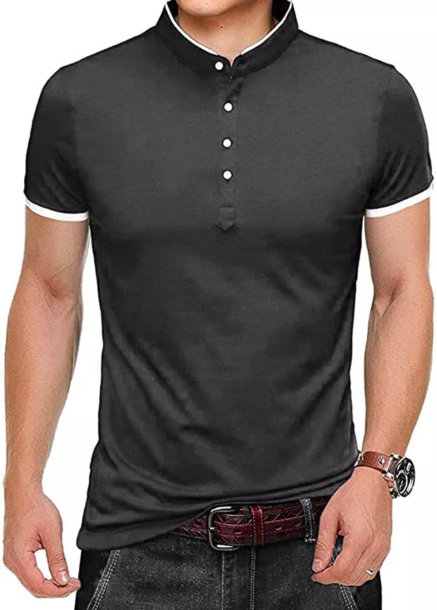 Mens Grandad Collar Shirt Mandarin Slim Fit Polo T-Shirt Top Short Sleeve PL19