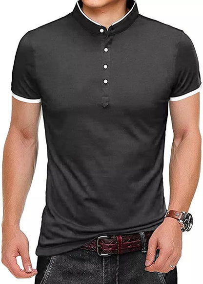 Mens Grandad Collar Shirt Mandarin Slim Fit Polo T-Shirt Top Short Sleeve PL19