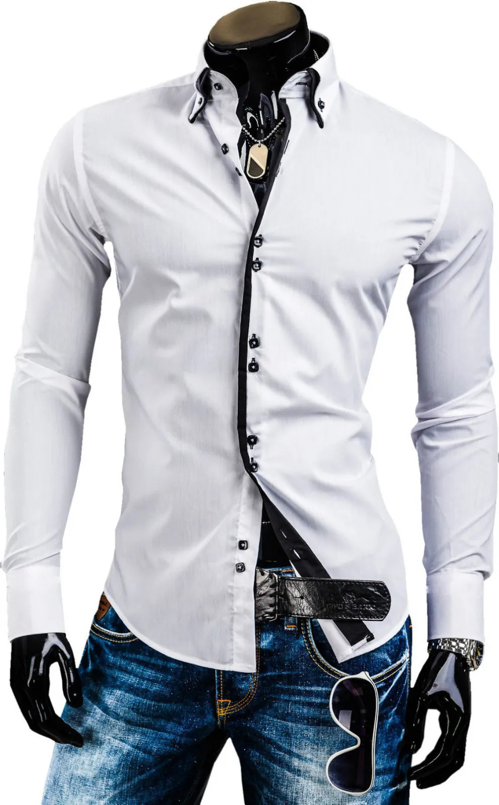 Stylish Mens Slim Fit Casual Double Collar Shirt Long Sleeve DC12