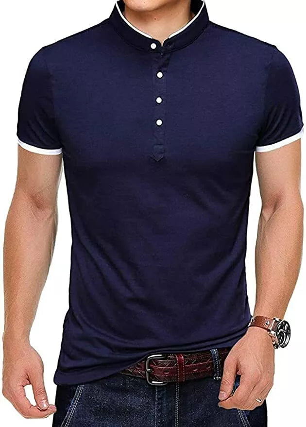 Mens Grandad Collar Shirt Mandarin Slim Fit Polo T-Shirt Top Short Sleeve PL19