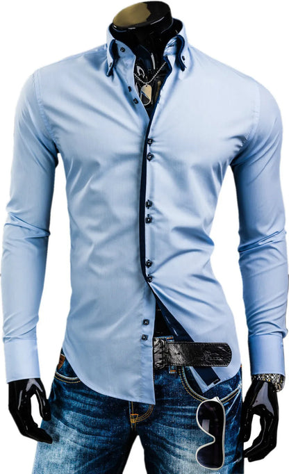 Stylish Mens Slim Fit Casual Double Collar Shirt Long Sleeve DC12