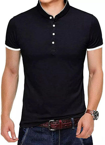 Mens Grandad Collar Shirt Mandarin Slim Fit Polo T-Shirt Top Short Sleeve PL19