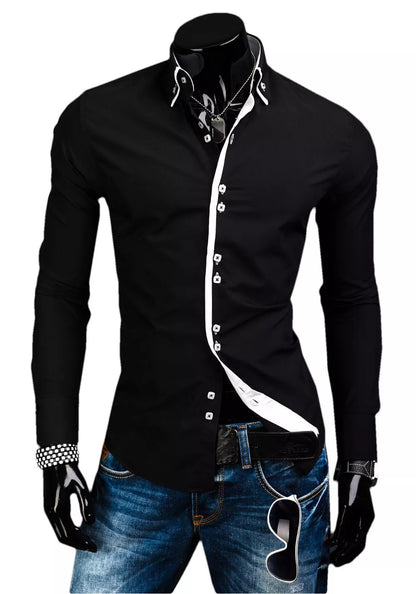 Stylish Mens Slim Fit Casual Double Collar Shirt Long Sleeve DC12