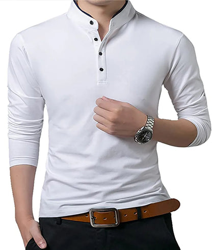 Men's Grandad Shirts Polo Shirt Long Sleeve Mandarin Collar Slim Fit Pique PL14