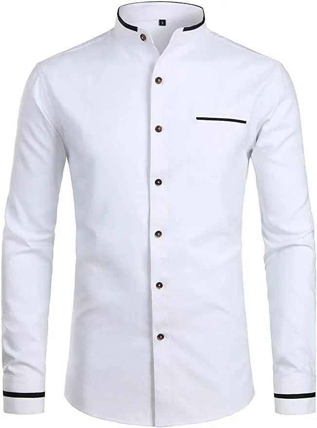 Mens Grandad Shirt Mandarin Casual Shirts Slim Fit Shirt Top Long Sleeve PS 14