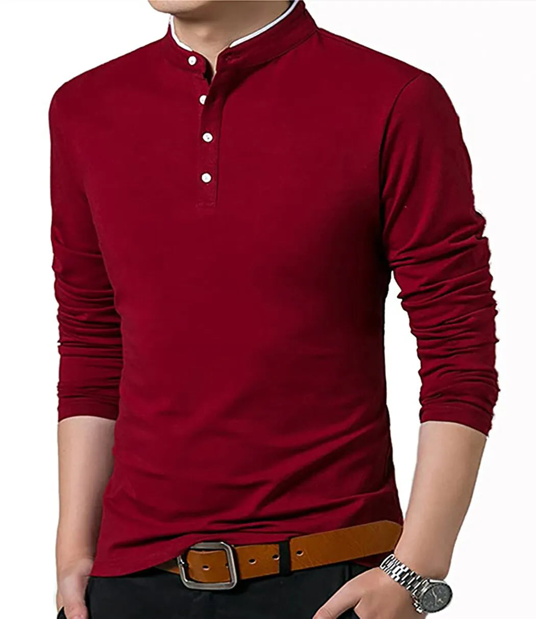 Men's Grandad Shirts Polo Shirt Long Sleeve Mandarin Collar Slim Fit Pique PL14