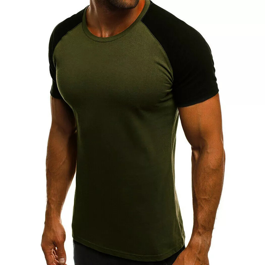 Mens Raglan Shirt T Shirt Top Short Sleeve Crew Neck Contrast Colours TS03