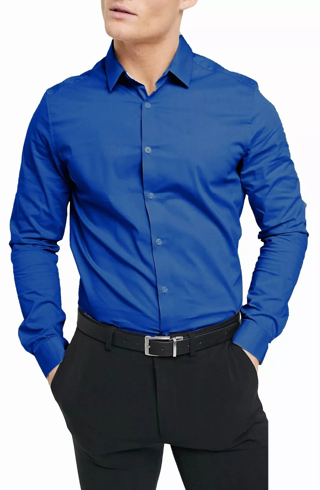 Mens Plain Modern Slim Fit Smart Shirts Long Sleeve Casual Formal Shirt RH09