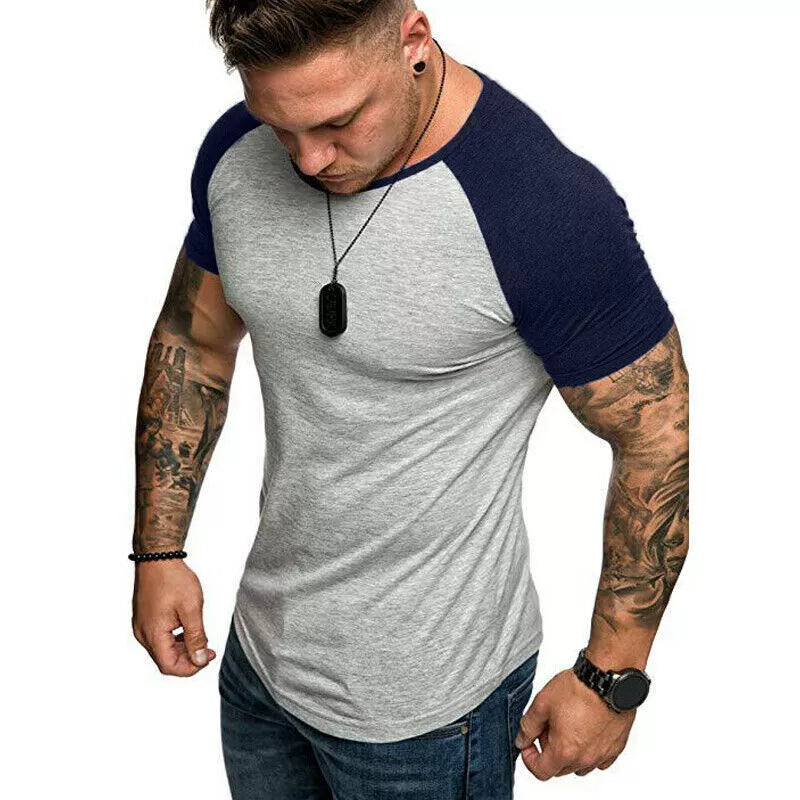 Mens Raglan Shirt T Shirt Top Short Sleeve Crew Neck Contrast Colours TS03