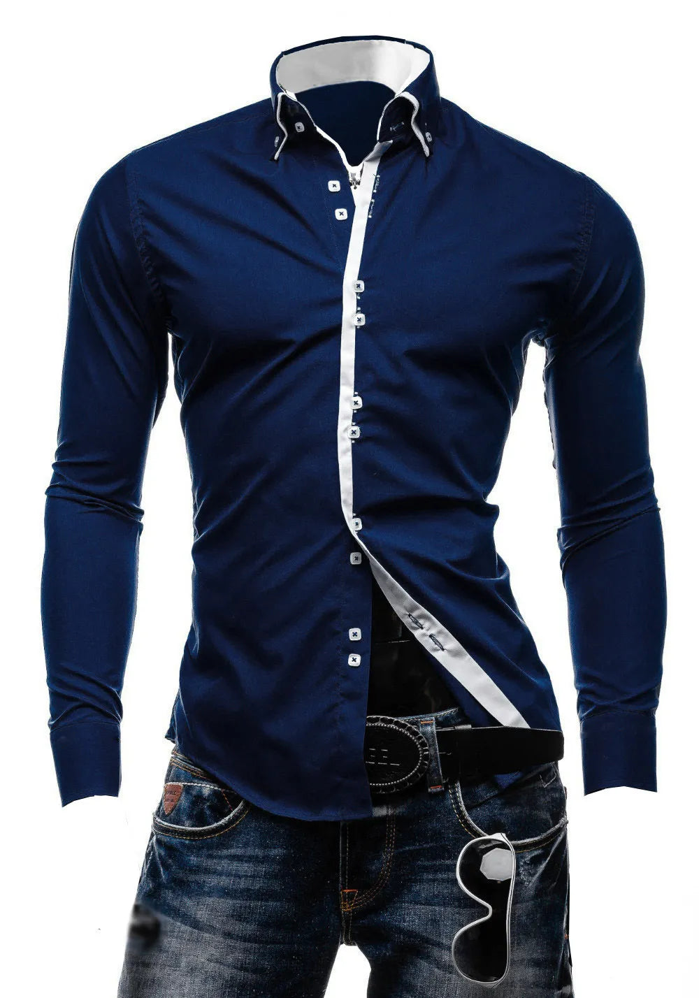 Stylish Mens Slim Fit Casual Double Collar Shirt Long Sleeve DC12