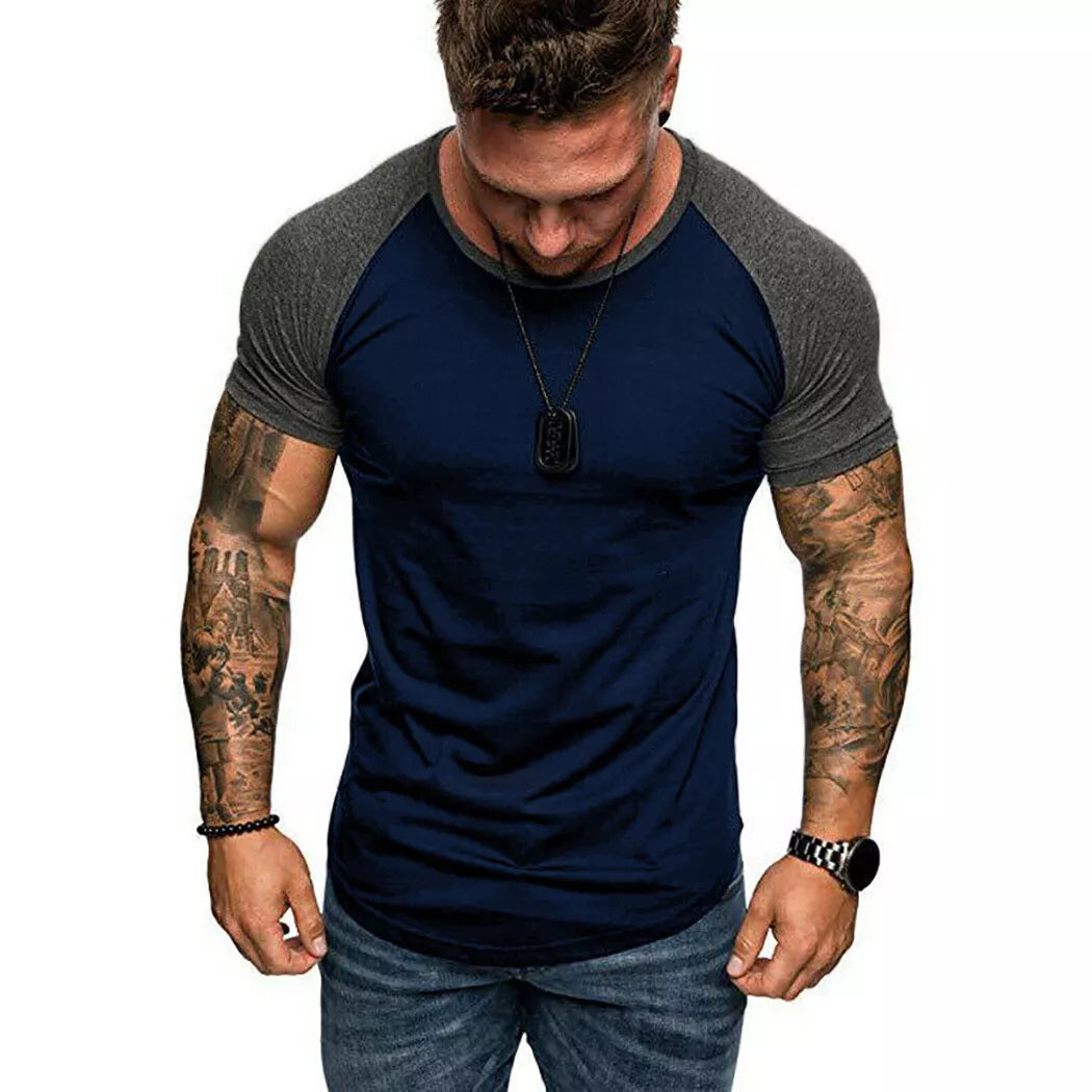 Mens Raglan Shirt T Shirt Top Short Sleeve Crew Neck Contrast Colours TS03