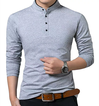 Men's Grandad Shirts Polo Shirt Long Sleeve Mandarin Collar Slim Fit Pique PL14